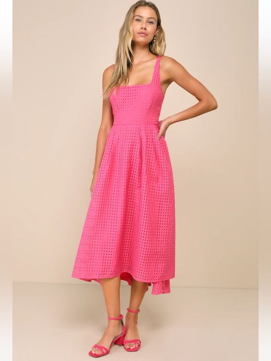 Lulus Dresses & Skirts - Lulus Definitely Stunning Hot Pink Barbie Core Gingham Burnout Midi Dress NWT M